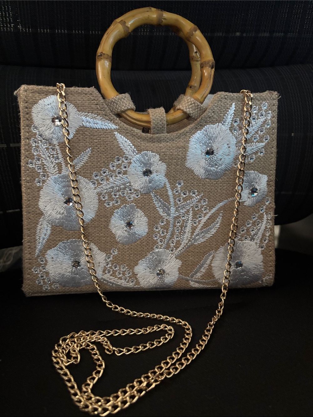 Haute Hippie Beige Floral Embroidered Shoulder Bag with Bamboo Handles